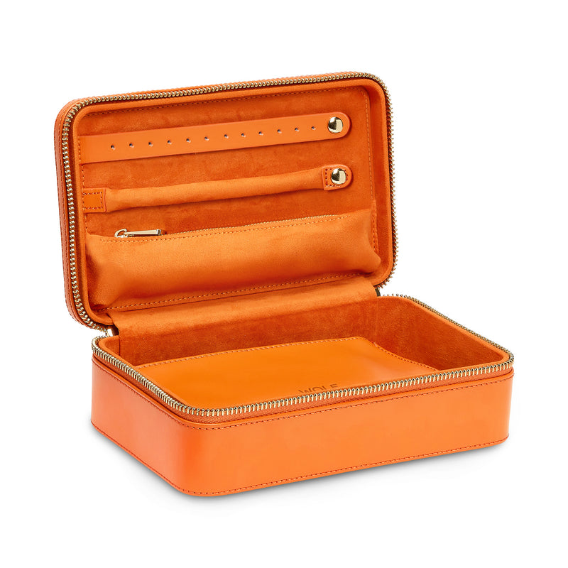 WOLF Maria orange leather medium jewelry zip case, open with organizer pockets