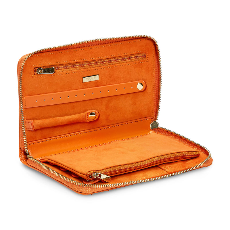 Orange leather jewelry zip portfolio with open organizer, zip-around closure and compartments