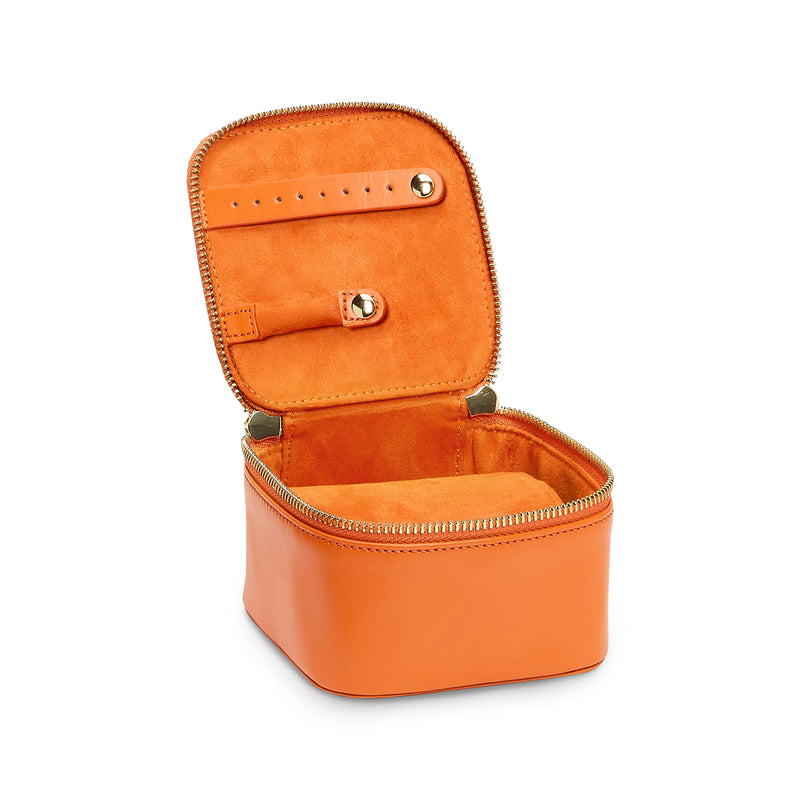 Orange leather zip jewelry cube, open top with divided interior and clasp strap