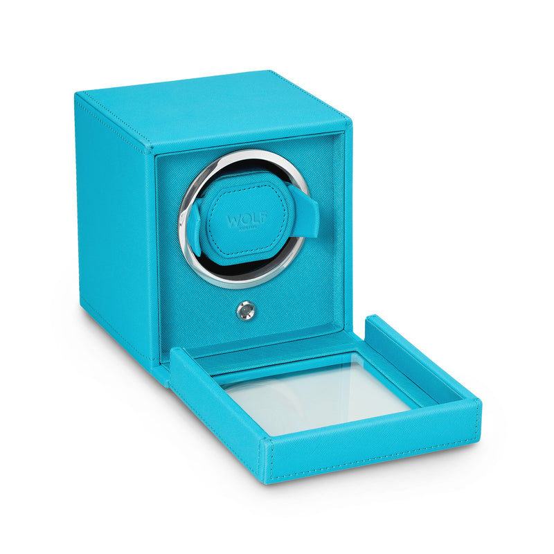 Turquoise vegan leather single watch winder with open tray and round WOLF winder window
