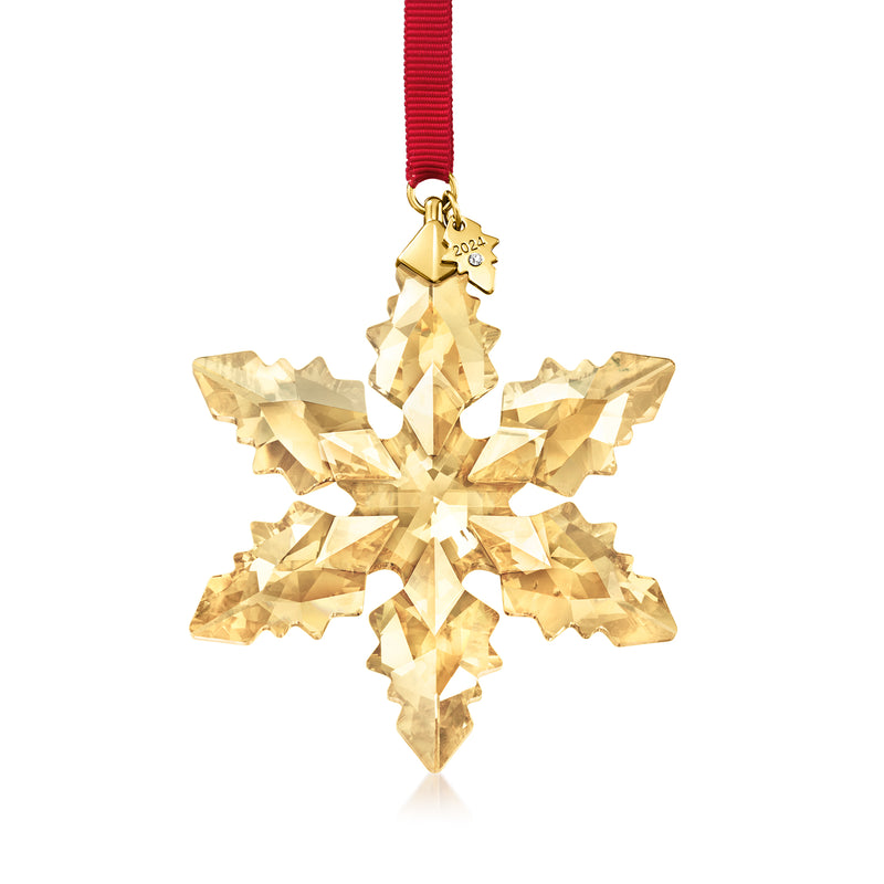 Swarovski golden crystal snowflake ornament with red hanging ribbon