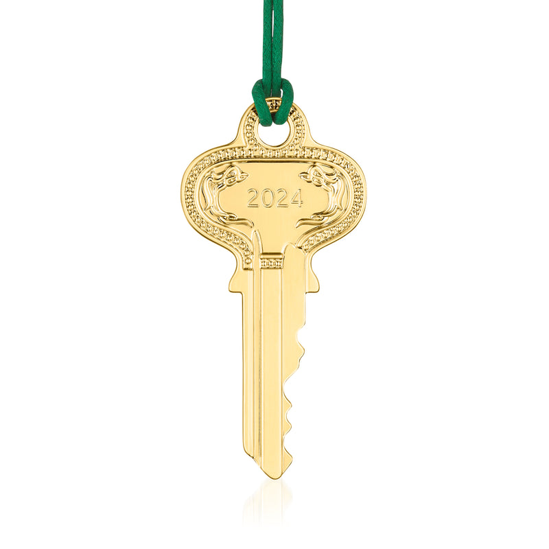 Waterford Crystal 2024 house key ornament, gold-tone with 2024 engraving and green hanging ribbon