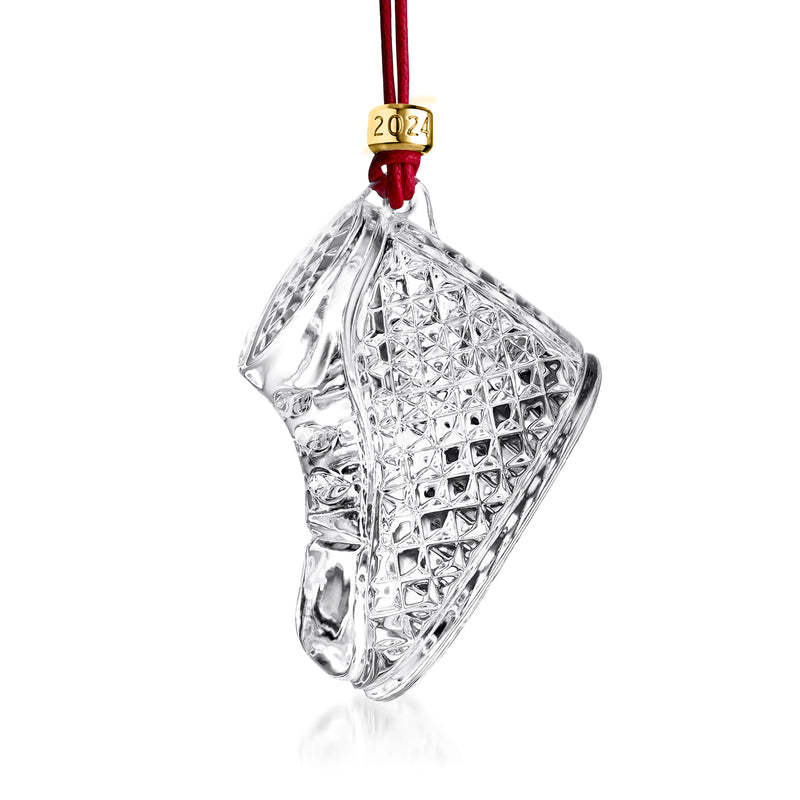 Waterford Crystal 2024 baby boot ornament with red hanging ribbon