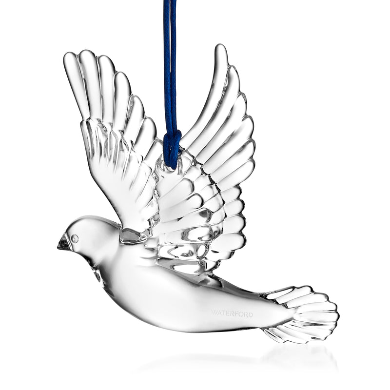 Waterford crystal dove ornament with blue hanging ribbon, clear cut-glass wings