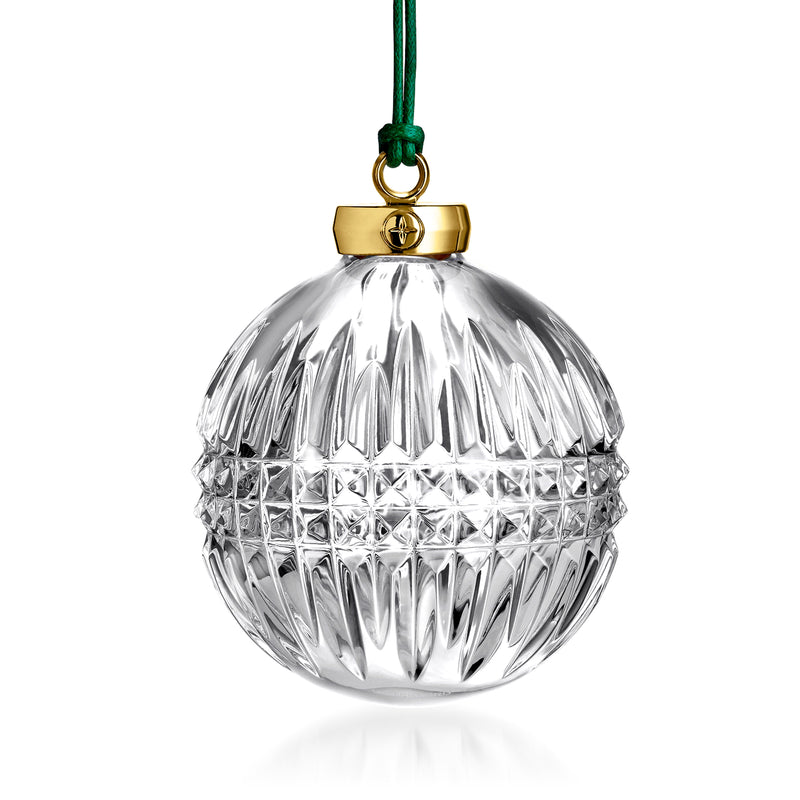Faceted crystal bauble ornament with gold cap and green hanging loop