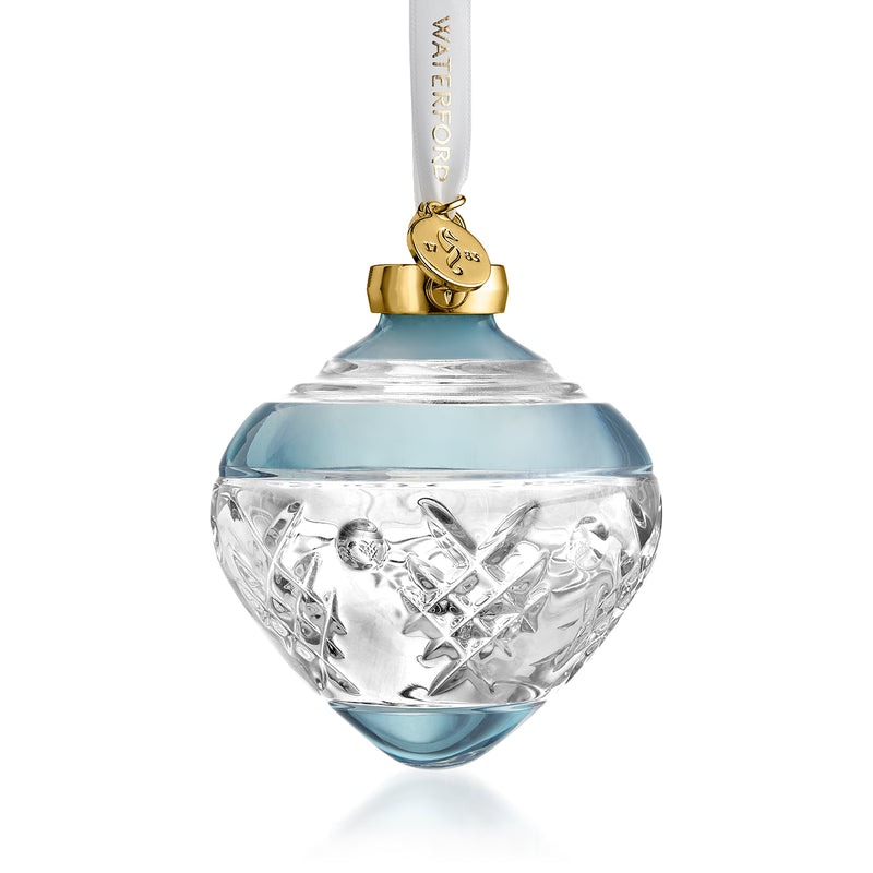 Blue and clear crystal bauble ornament with gold cap and holly berry embossing