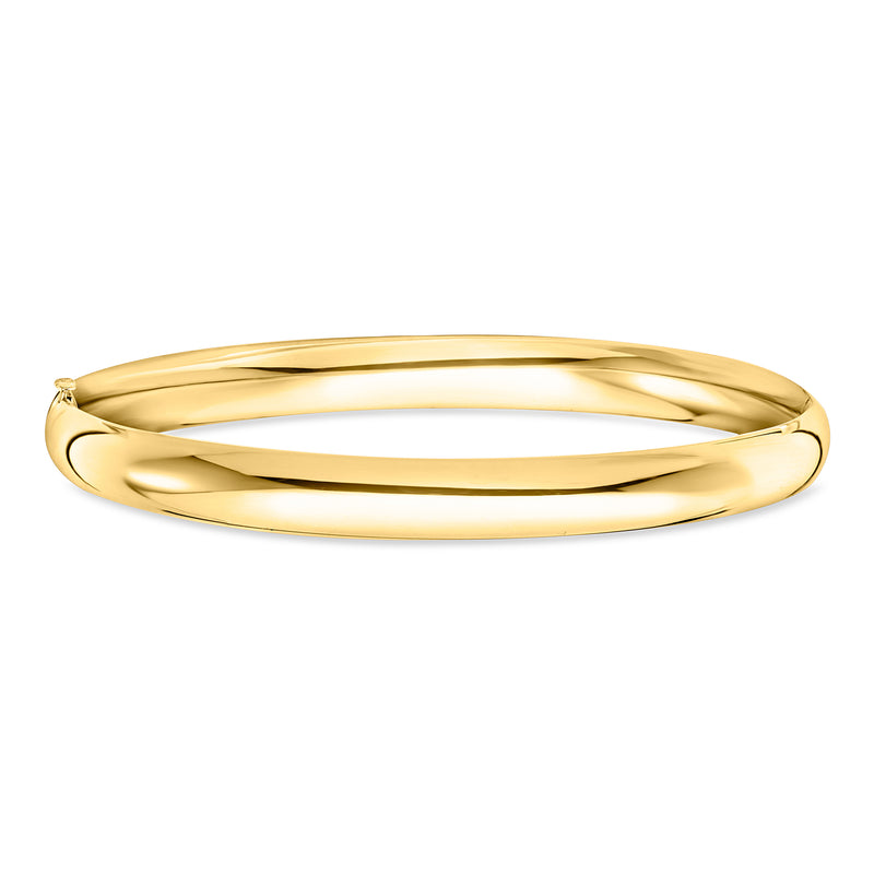 Polished yellow gold bangle bracelet with smooth hinged hoop and clasp ends