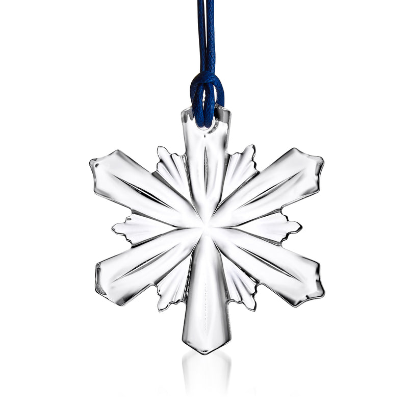 Waterford Crystal mini snowflake ornament, clear glass with blue ribbon loop for hanging