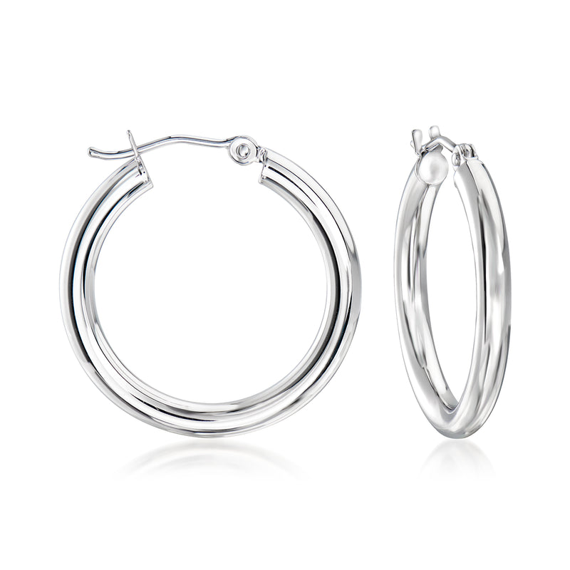 14kt white gold hoop earrings, round 3mm hoops with hinged clasp