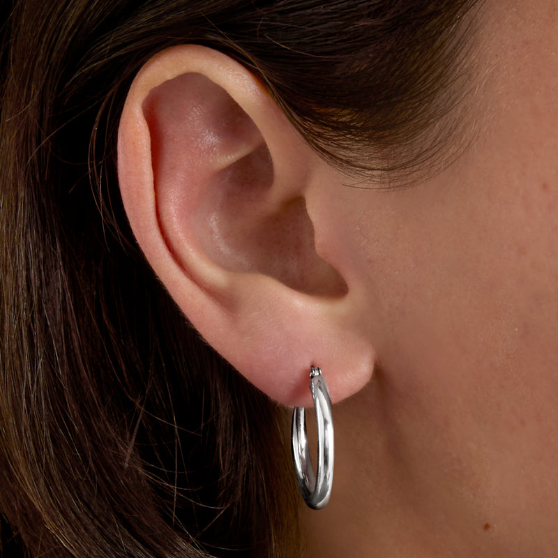 3mm 14kt white gold hoop earring, round hinged hoop worn in ear