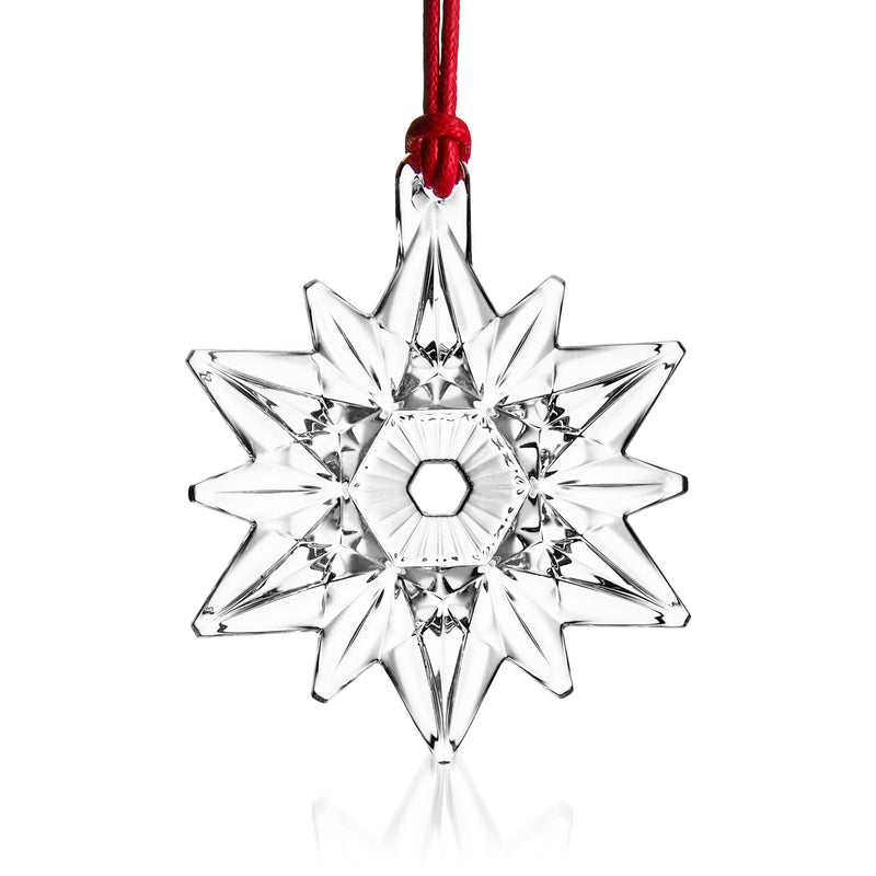 Crystal star ornament with red hanging ribbon