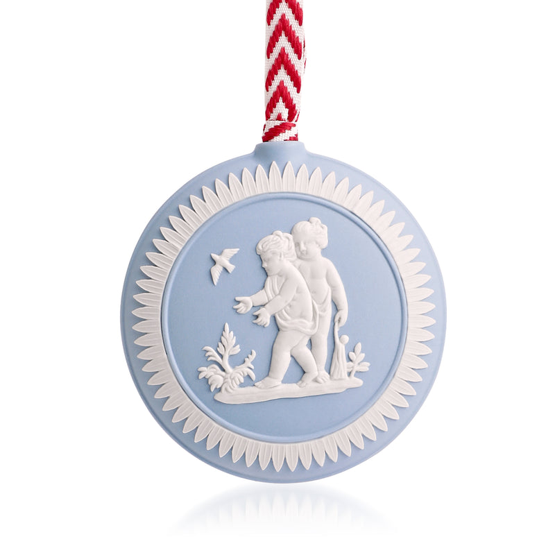 Wedgwood Jasperware blue ceramic new baby ornament with white figurine and red ribbon
