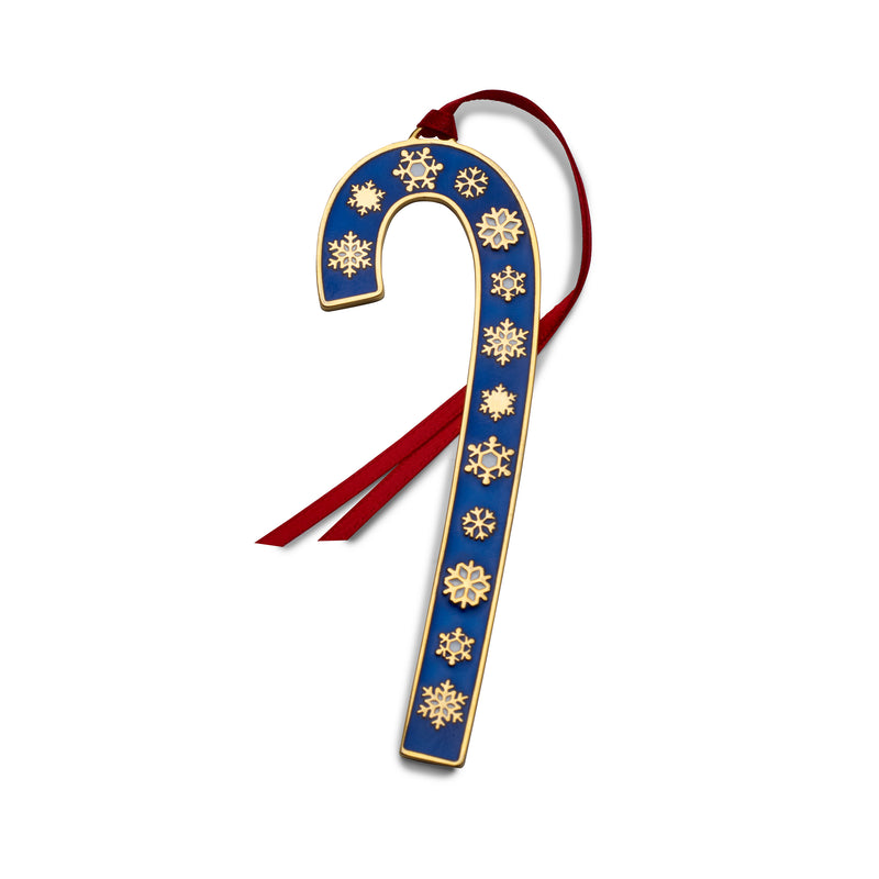 Blue enameled candy cane ornament shaped like 9 with snowflakes and red ribbon