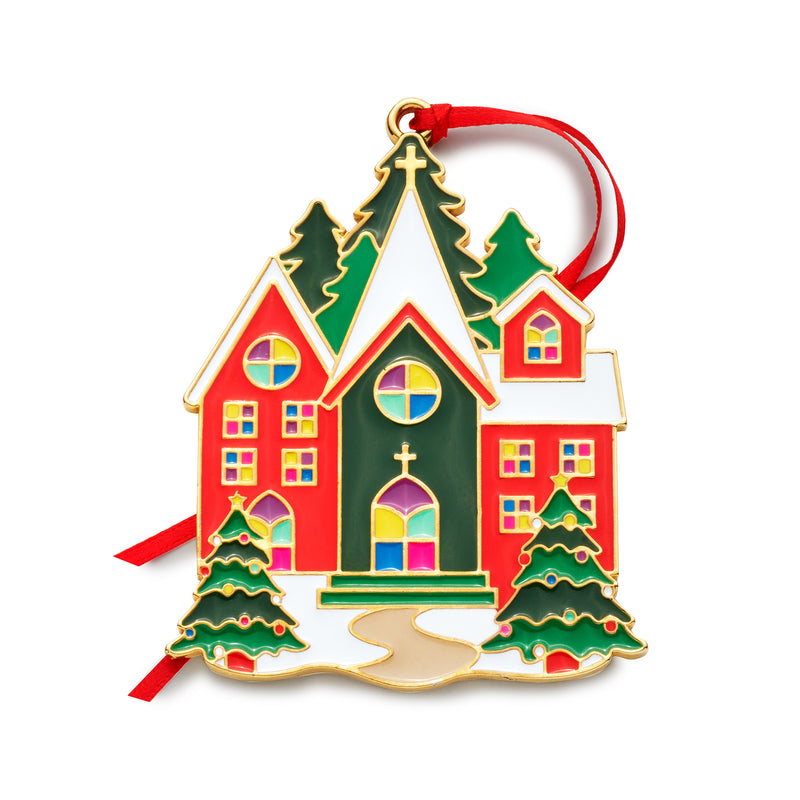 Multicolored enamel church ornament with red ribbon, trees and small house details