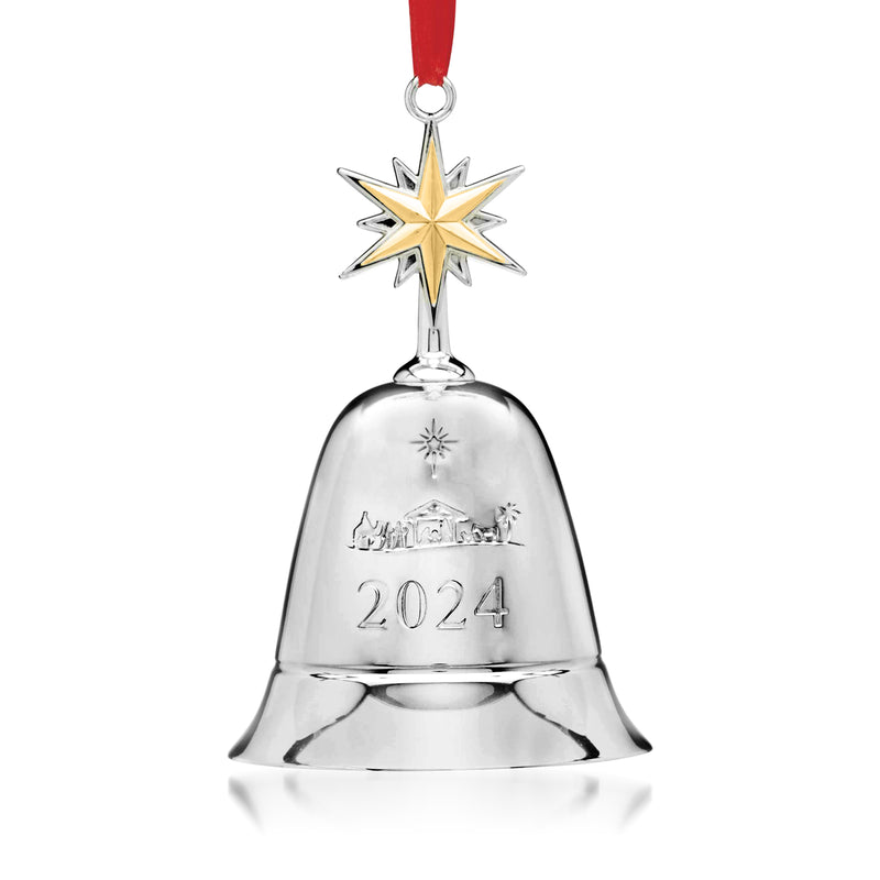 Lenox 2024 musical bell ornament with silver star topper and engraved 2024, hanging ribbon