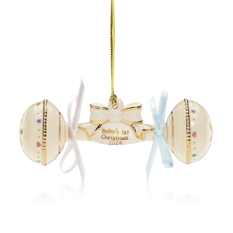 Porcelain Christmas rattle ornament with Baby's First Christmas 2024 charm, gold star topper