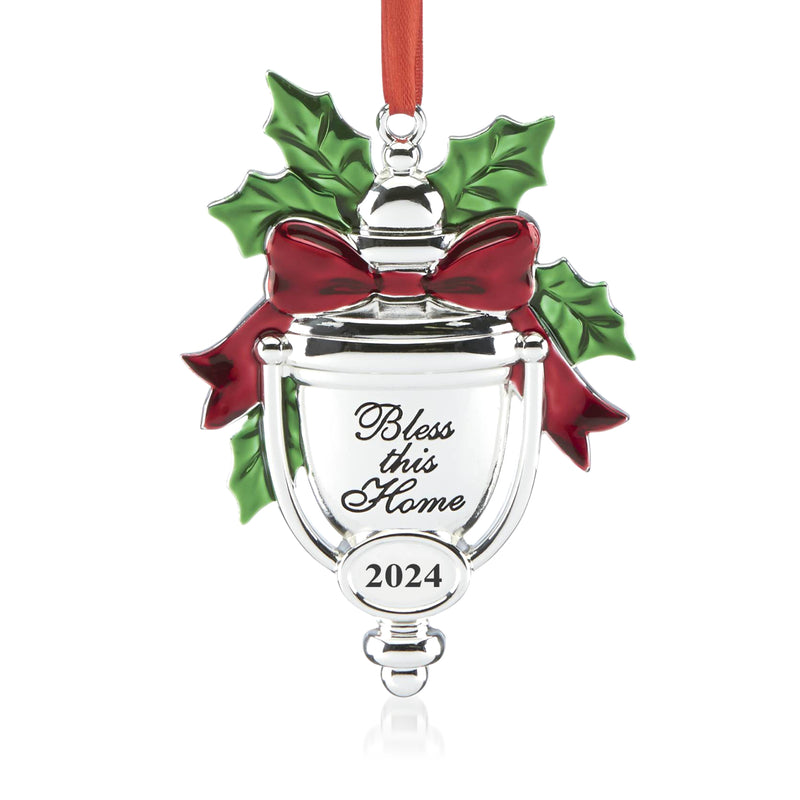 Silver-tone doorknocker ornament with holly leaves, red bows, 'Bless this Home' and 2024