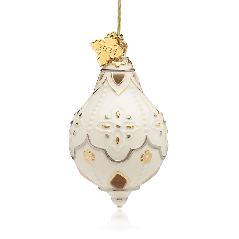 White porcelain hanging ornament with gold 2024 top and decorative scalloped detailing