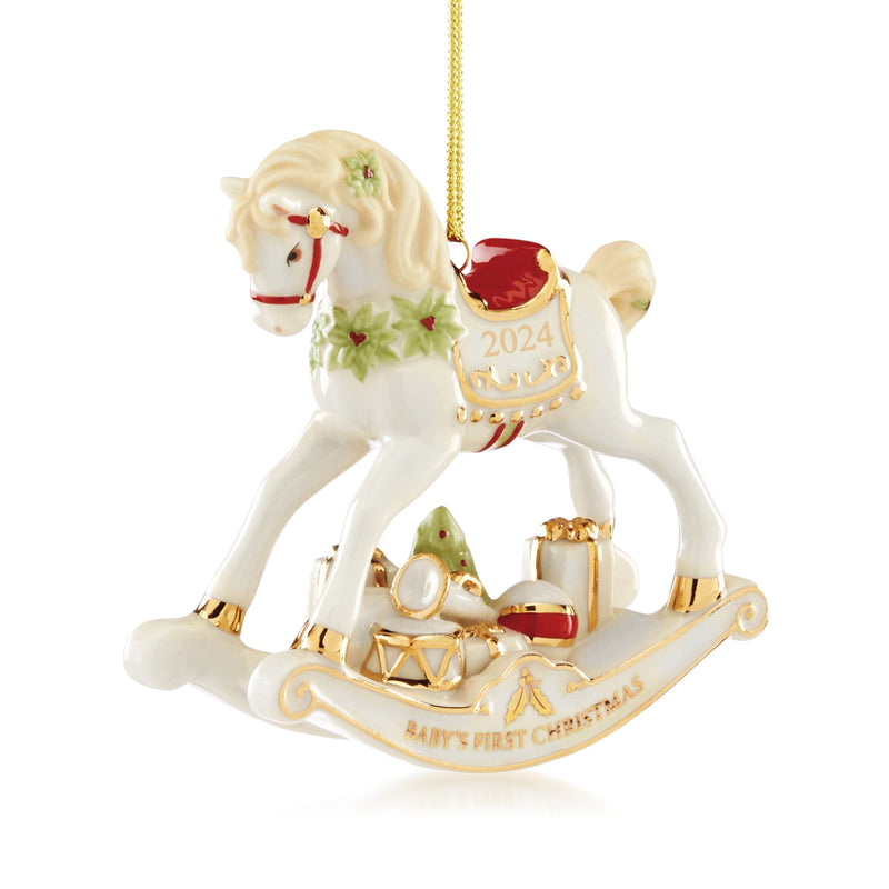 Porcelain rocking horse ornament with gold accents, red saddle, 2024, hanging cord