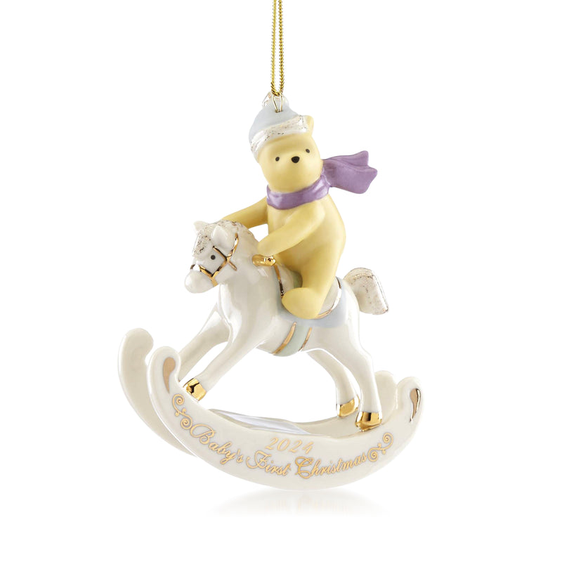 Porcelain rocking-horse ornament with Winnie-the-Pooh holding a Christmas bell, gold and white