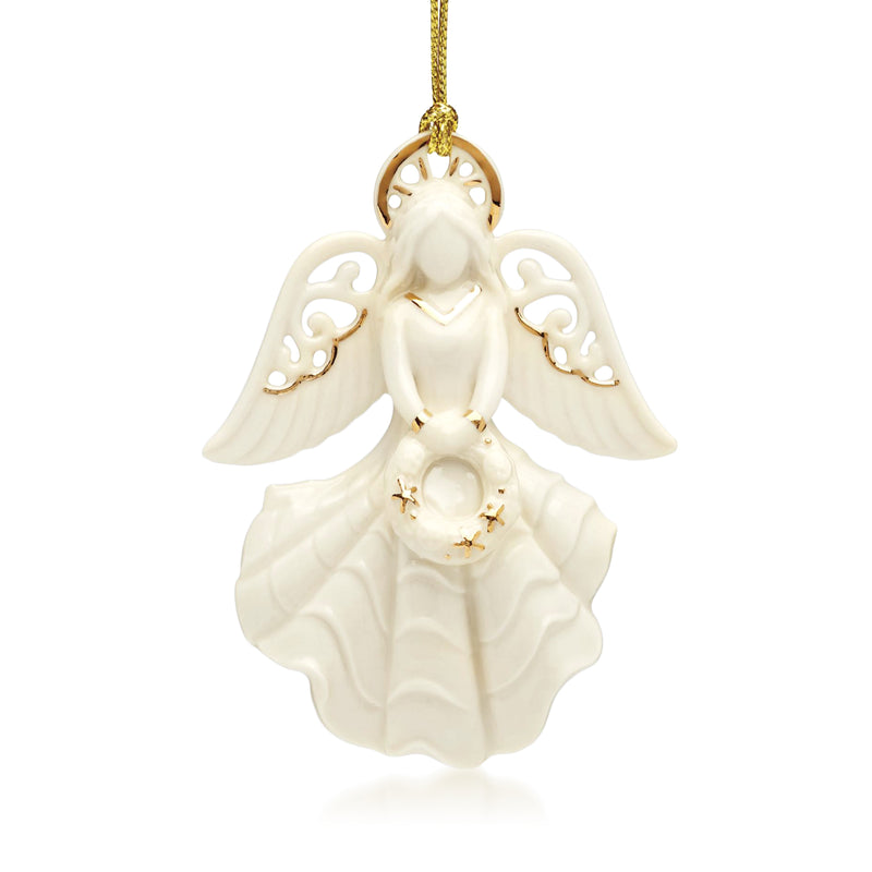 White porcelain angel ornament with gold halo and trim, detailed wings, hanging on gold chain