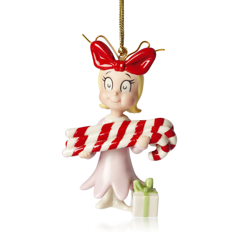 Porcelain Cindy Lou Who Christmas ornament figurine with red bow and striped sleeves, holding gift