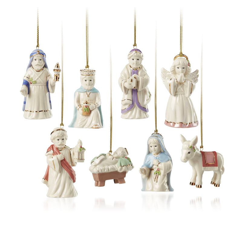 Lenox 8-piece porcelain nativity ornament set with gold hanging strings, includes figures