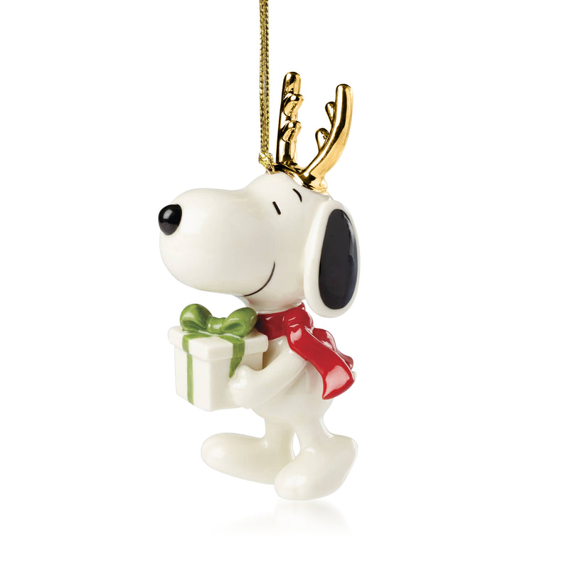 Lenox porcelain Snoopy gift ornament with green present and gold hanging loop