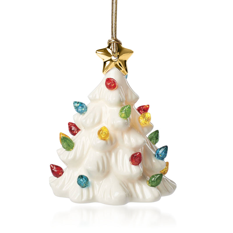 Lenox Treasured Traditions porcelain light-up Christmas tree ornament, white star, colorful bulbs