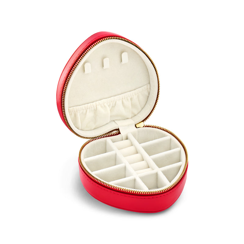 Red faux leather heart-shaped jewelry travel case, open with padded ring slots