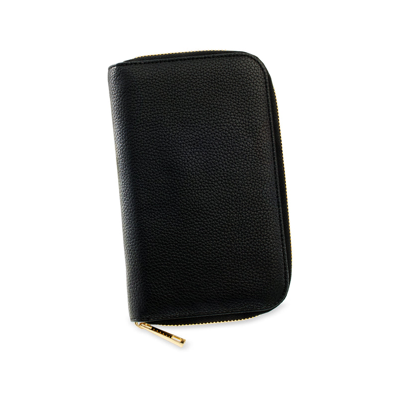 Ross-Simons black faux leather jewelry travel zipper case, closed with gold zipper pull