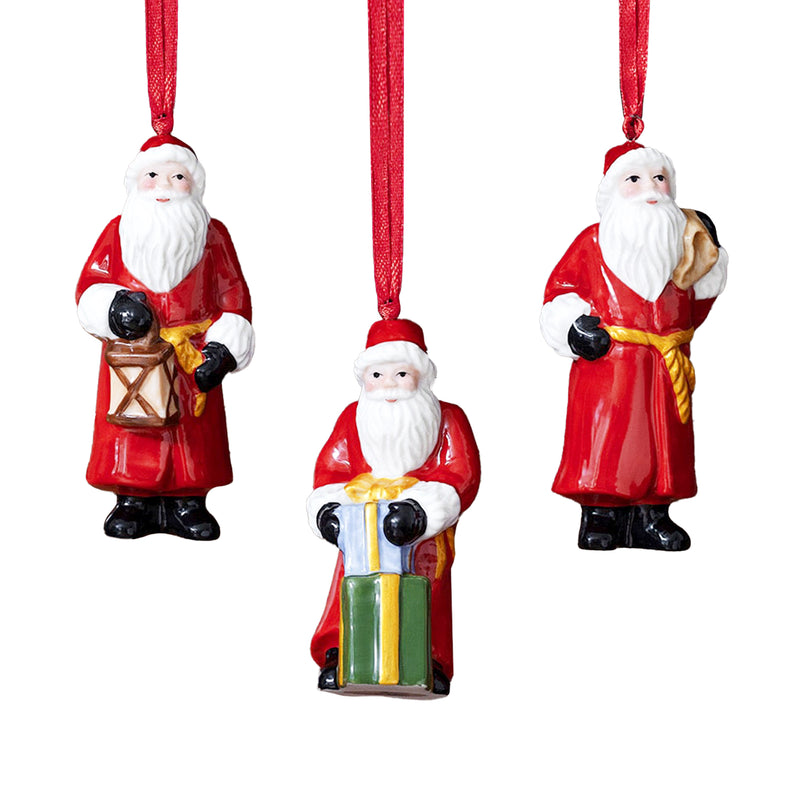 Set of 3 hanging porcelain Santa ornaments in red coats, white beards, holding gifts