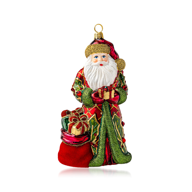 Glitter glass Santa ornament with red suit, green coat, holding gift bag, hanging loop