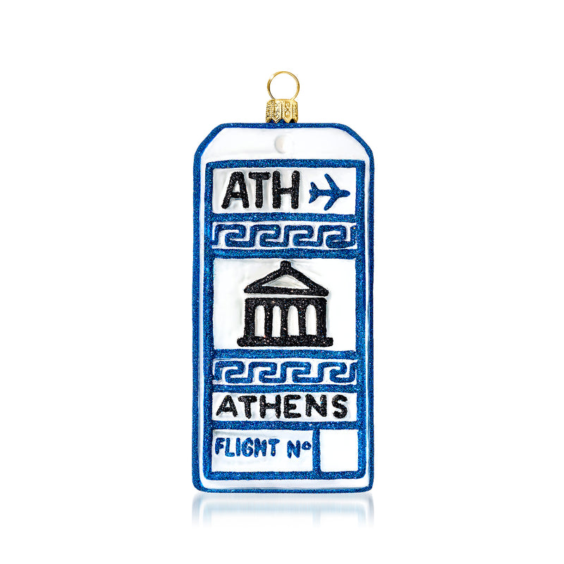 Blue glass luggage tag ornament with Athens and temple design, hanging loop
