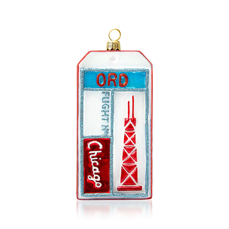 Glass luggage tag ornament with ORD lettering and red Chicago tower, gold top loop