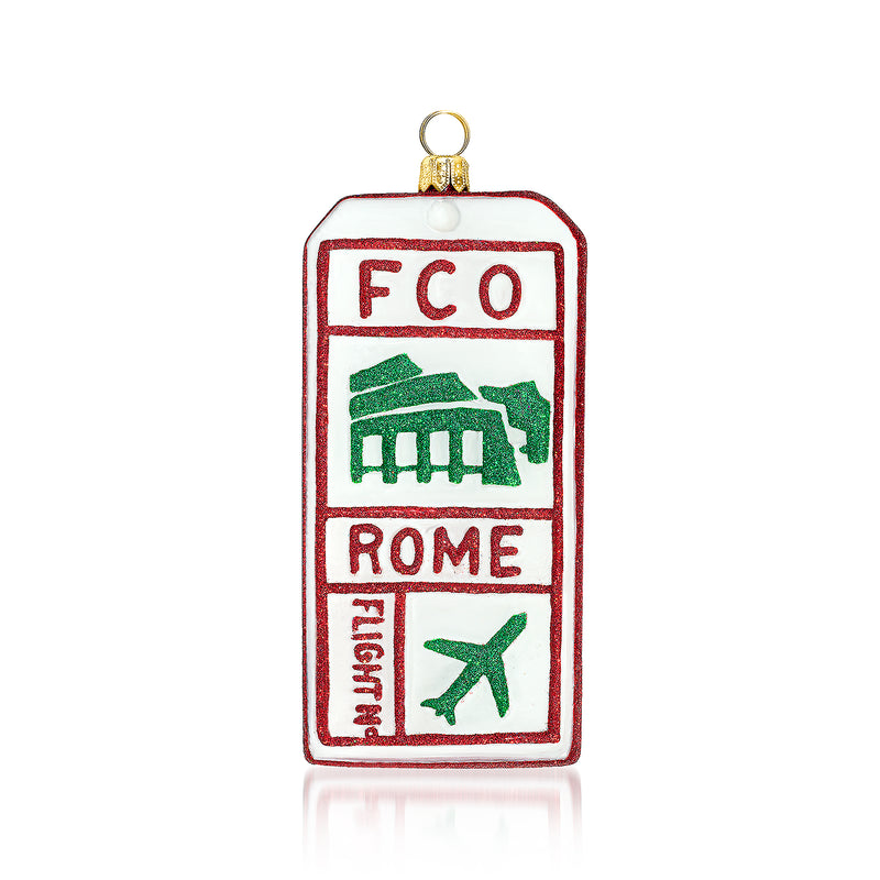 Glass luggage tag ornament with red frame, green FCO/ROME text, plane icon, gold loop