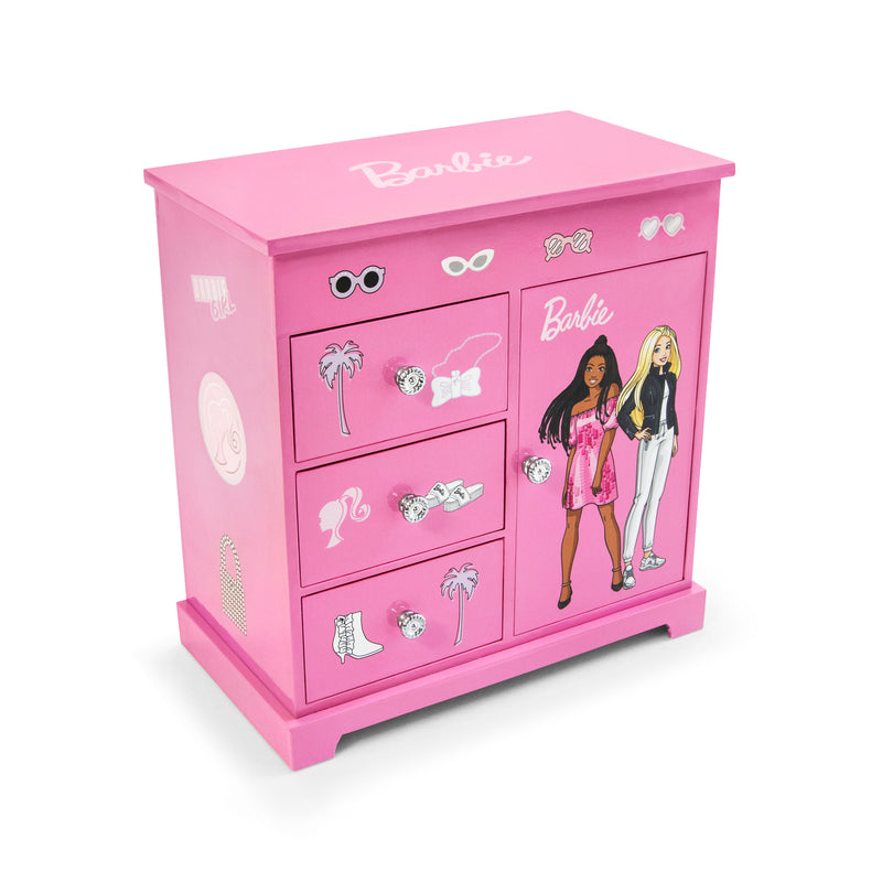 Mele & Co. Child's pink jewelry box with drawers and Barbie-themed artwork