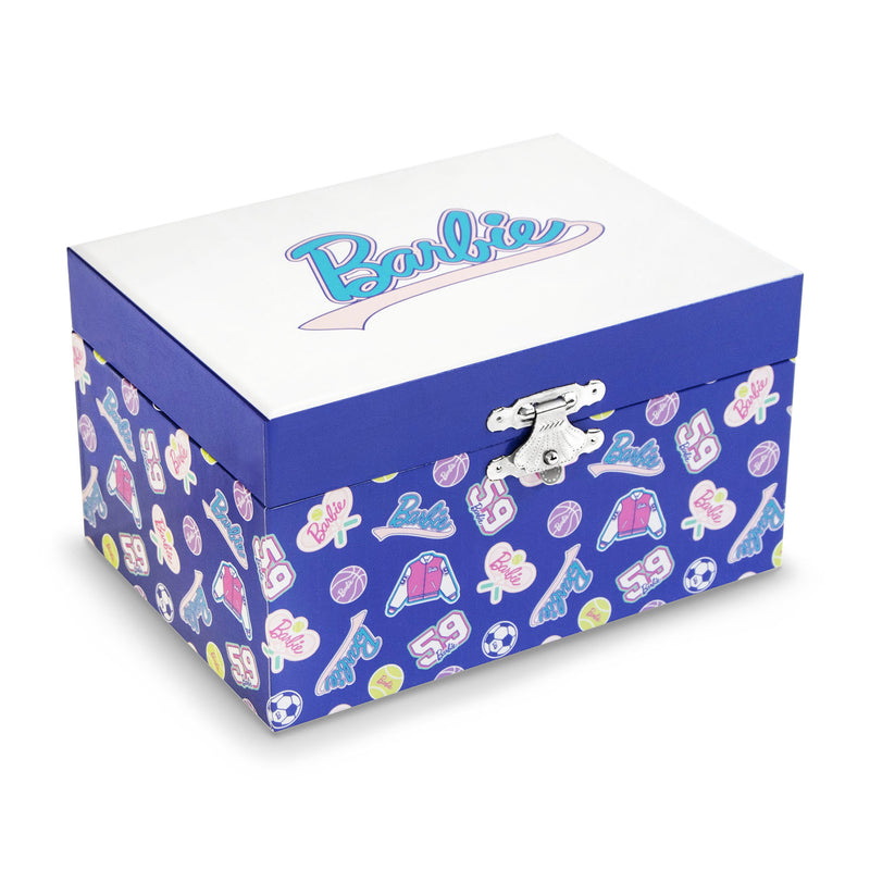 Barbie sport musical jewelry box with blue patterned case and logo lid