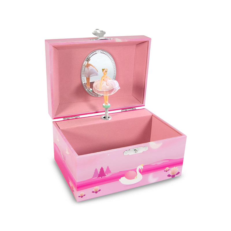 Pink musical jewelry box with ballerina swan figurine and mirror lid (open)