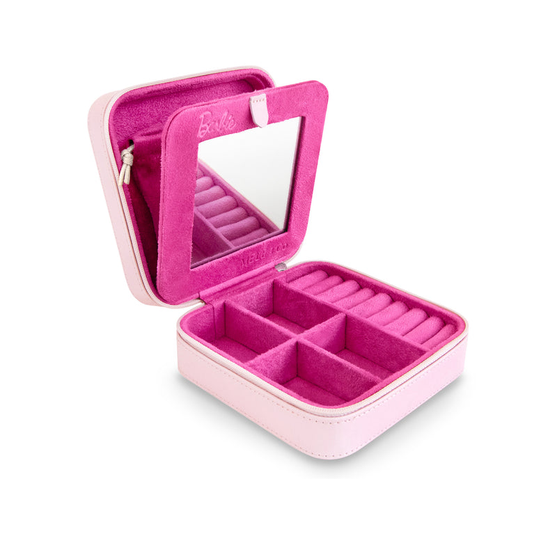Travel jewelry case by Mele & Co., pink shell with magenta padded compartments