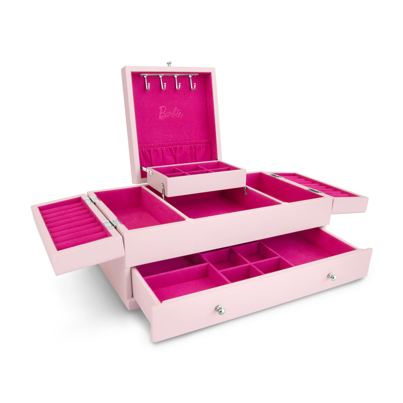 Mele & Co. jewelry box with pink compartments and hinged lid, open storage tray