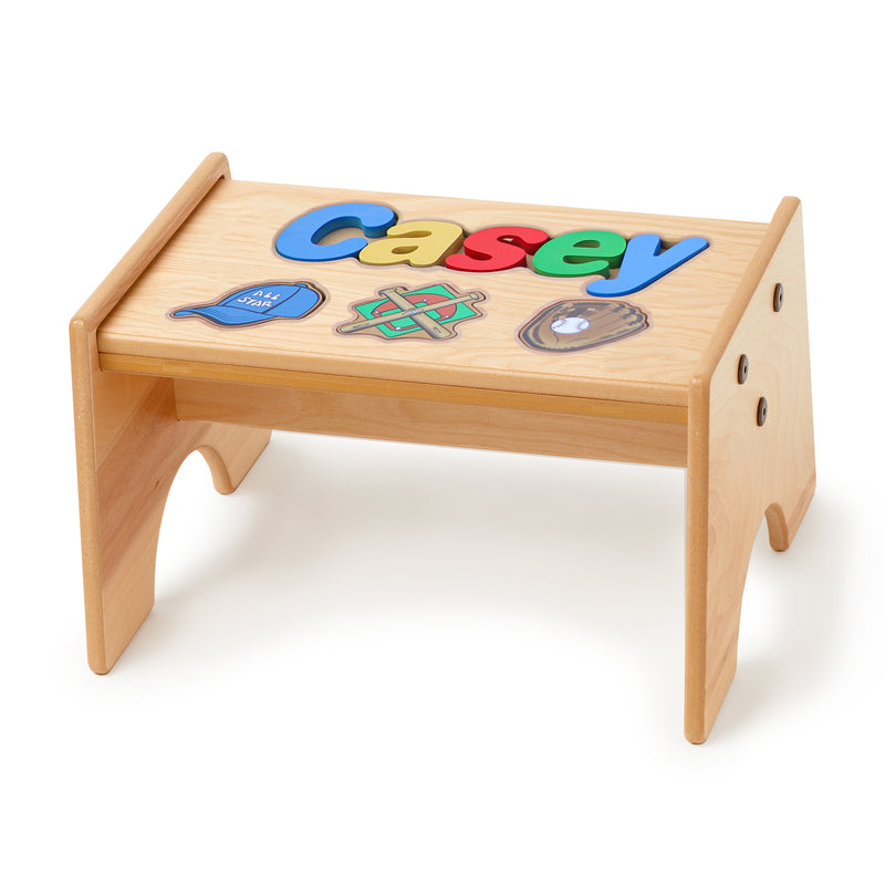 Maple-finished wooden stool with baseball-themed 'Casey' name and primary colors top