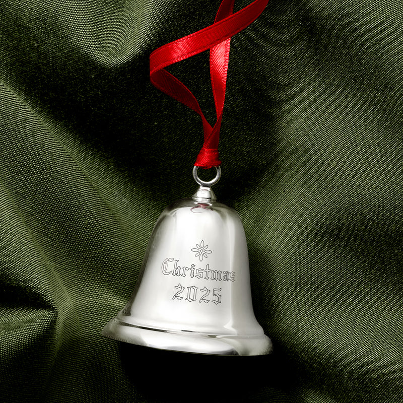 Sterling silver Christmas bell ornament with red ribbon and 'Christmas 2025' engraving