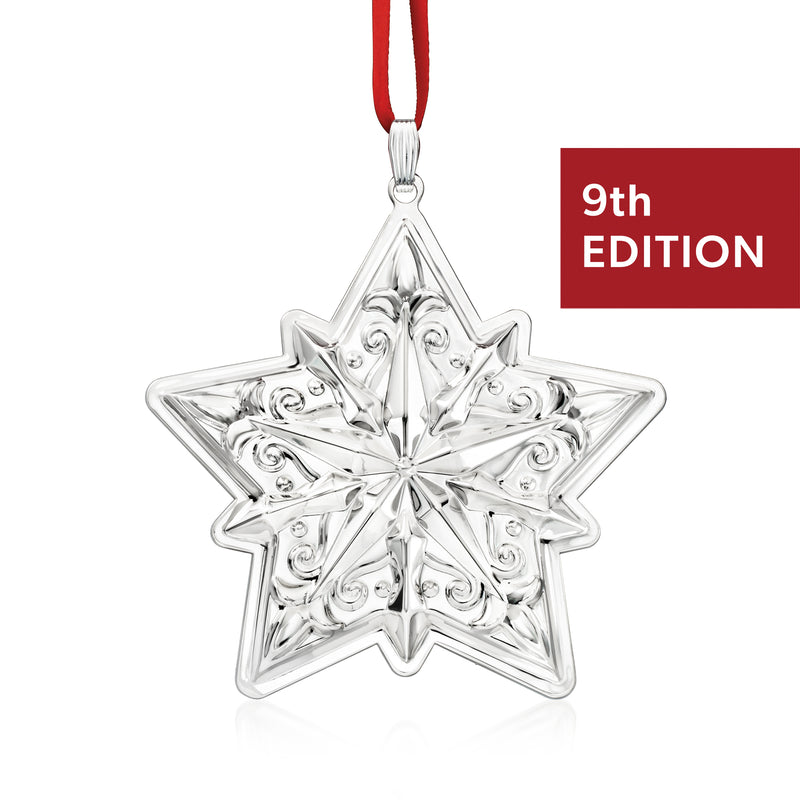 Sterling silver holiday star ornament, 9th edition, red hanging ribbon
