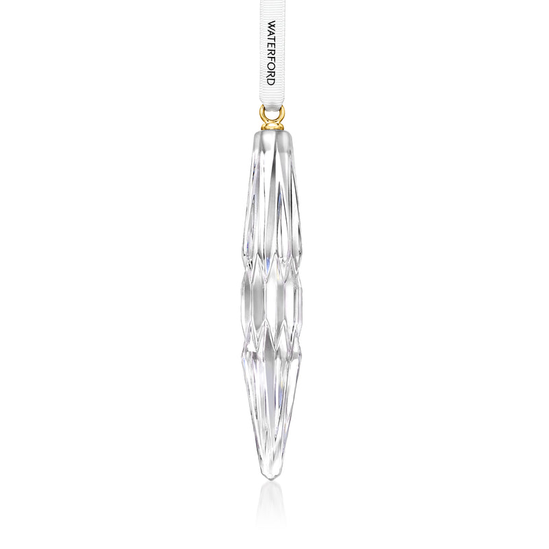 Waterford Crystal icicle ornament in clear glass with a gold hanging loop
