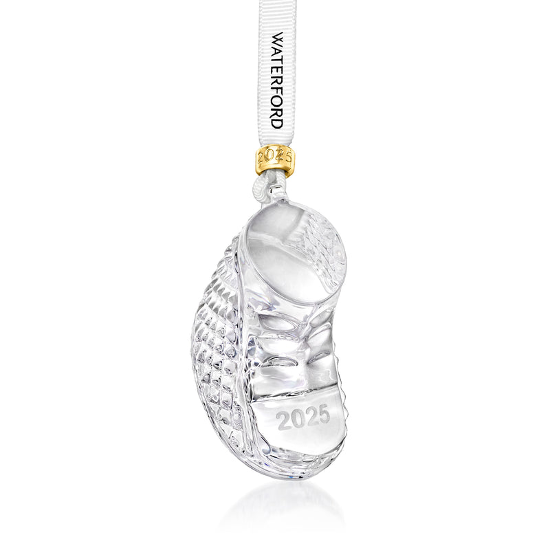 Waterford Crystal baby boot Christmas ornament with gold cap and '2025' detail