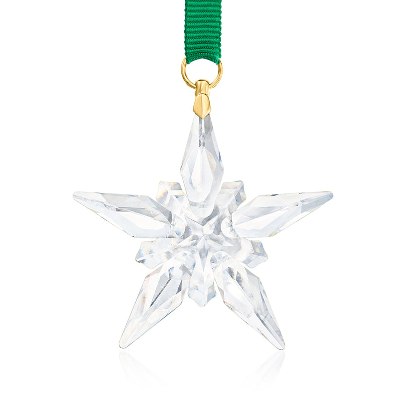 Swarovski crystal snowflake ornament with green ribbon and gold-tone hanging loop