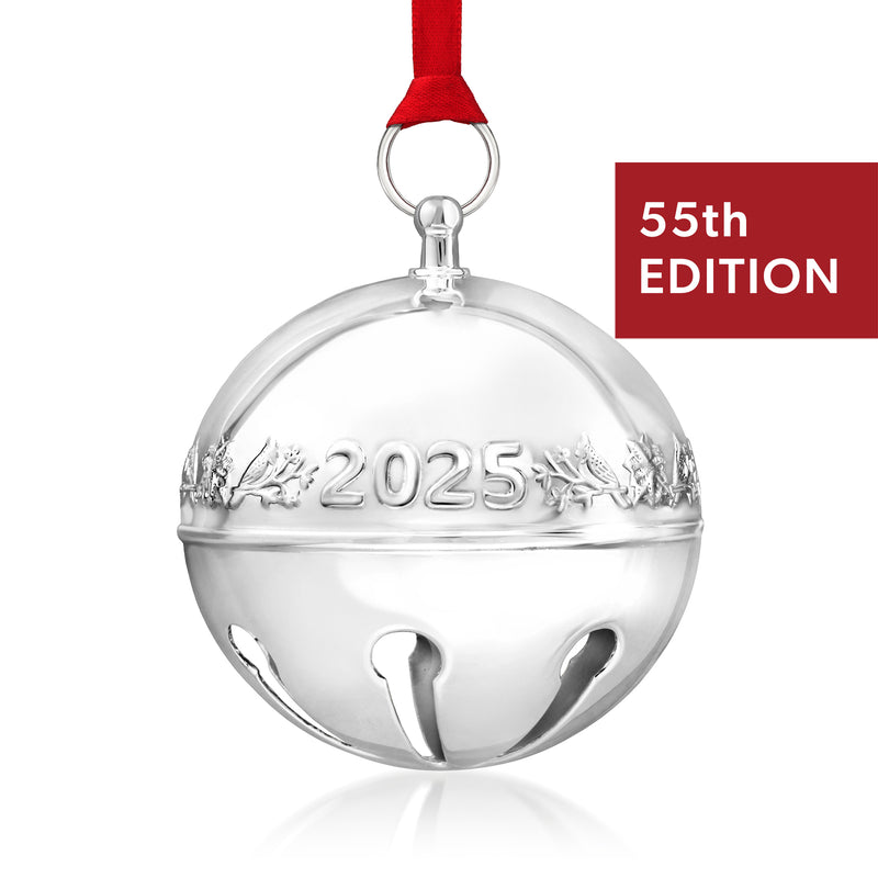 Silver sleigh bell ornament with 2025 engraving and red ribbon, 55th edition