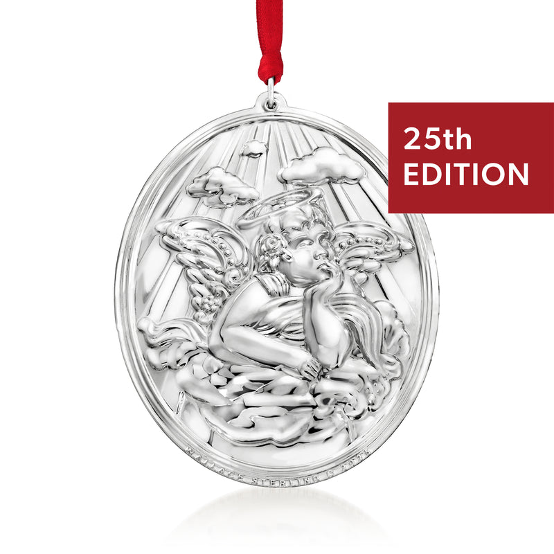 Sterling silver round angel ornament with baroque relief, hanging with red ribbon, 25th edition