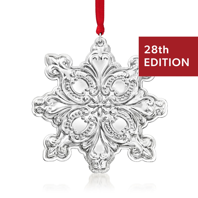Sterling silver snowflake ornament with ornate baroque detailing, 28th edition